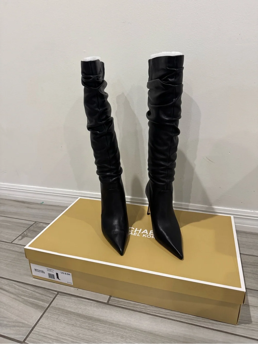 Michael Kors Black Slouchy Knee-High Pointed-Toe Stiletto Dawn Leather Boots